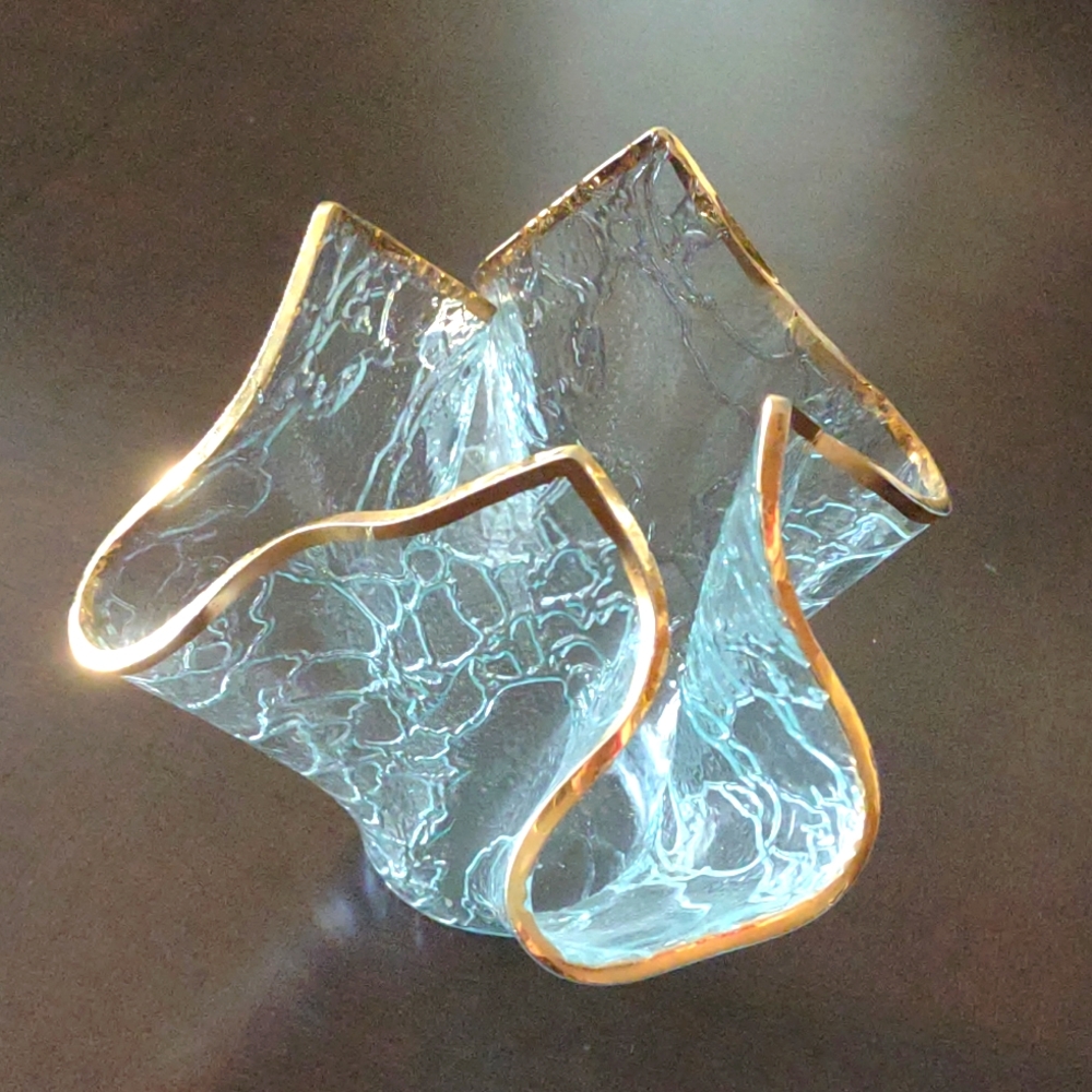 Handcrafted crackle glass handkerchief small vase with gold trim